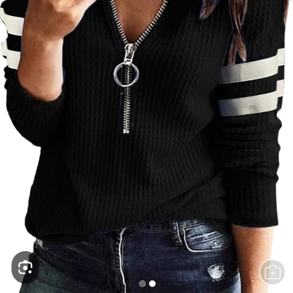 Black V-Neck Sweater with White Stripes and Zipper